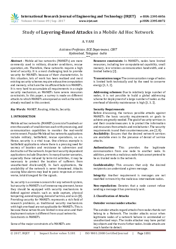 (PDF) Study of Layering-Based Attacks in a Mobile Ad Hoc Network