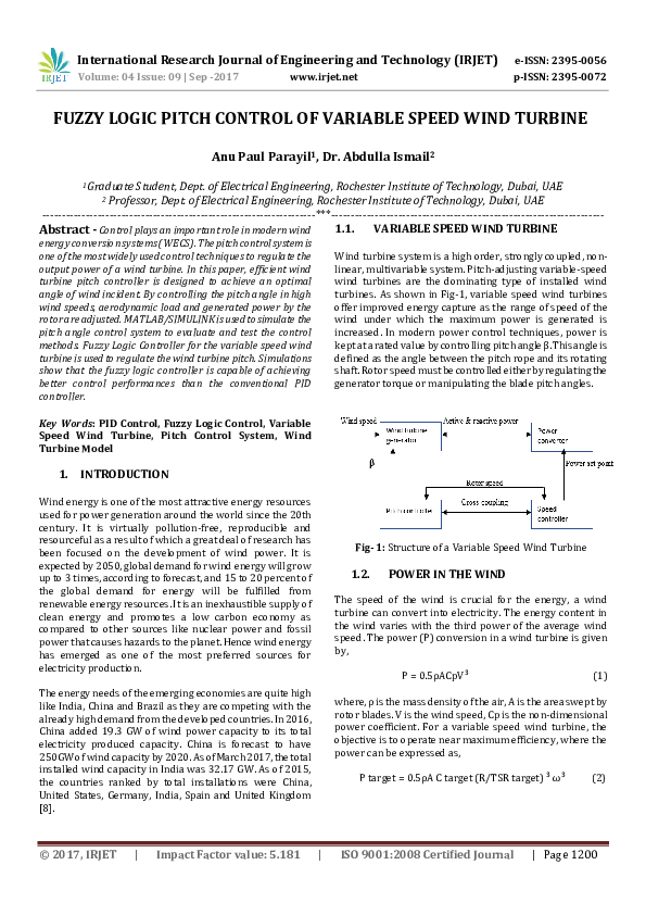 (PDF) FUZZY LOGIC PITCH CONTROL OF VARIABLE SPEED WIND TURBINE