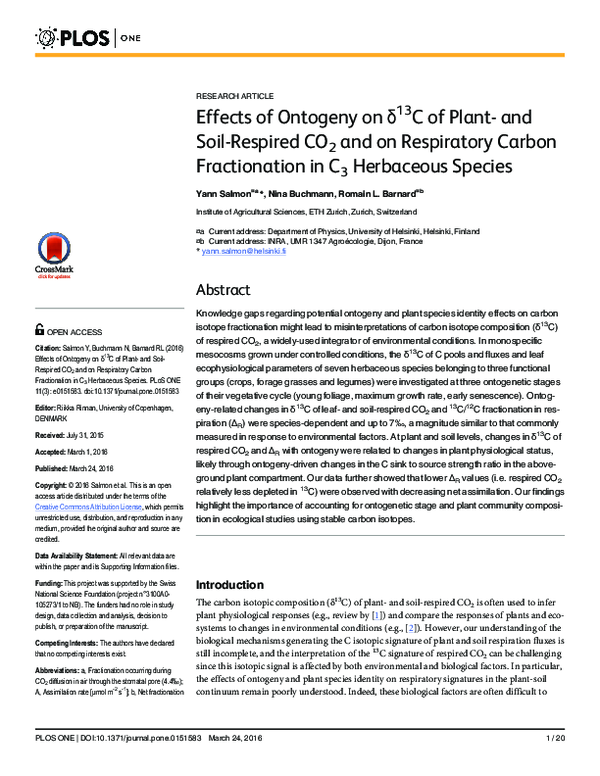 (PDF) Effects of Ontogeny on δ 13 C of Plant-and Soil-Respired CO 2 and ...