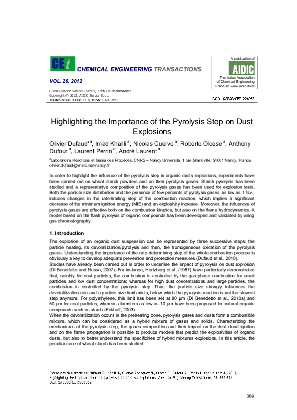(PDF) Highlighting the Importance of the Pyrolysis Step on Dust Explosions