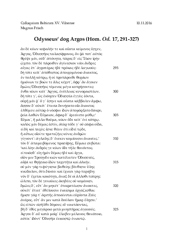 (PDF) „Odysseus' dog Argos (Hom. Od. 17, 291327)“, gehalten am 11.10.