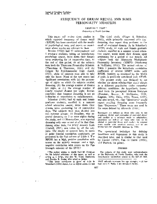 (PDF) Frequency of dream recall and some personality measures