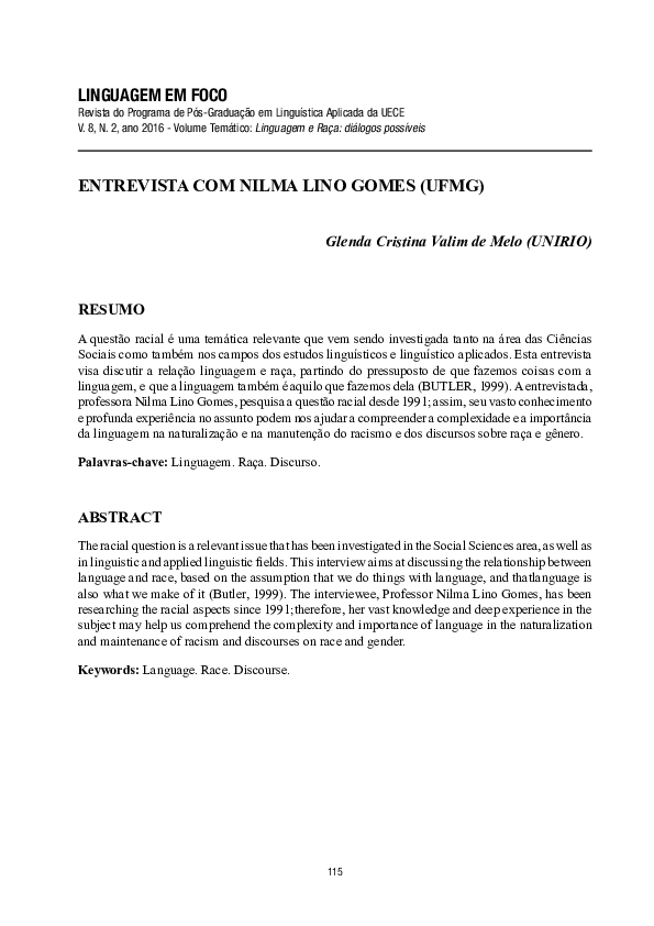 (PDF) LINGUAGEM EM FOCO ENTREVISTA COM NILMA LINO GOMES (UFMG Glenda
