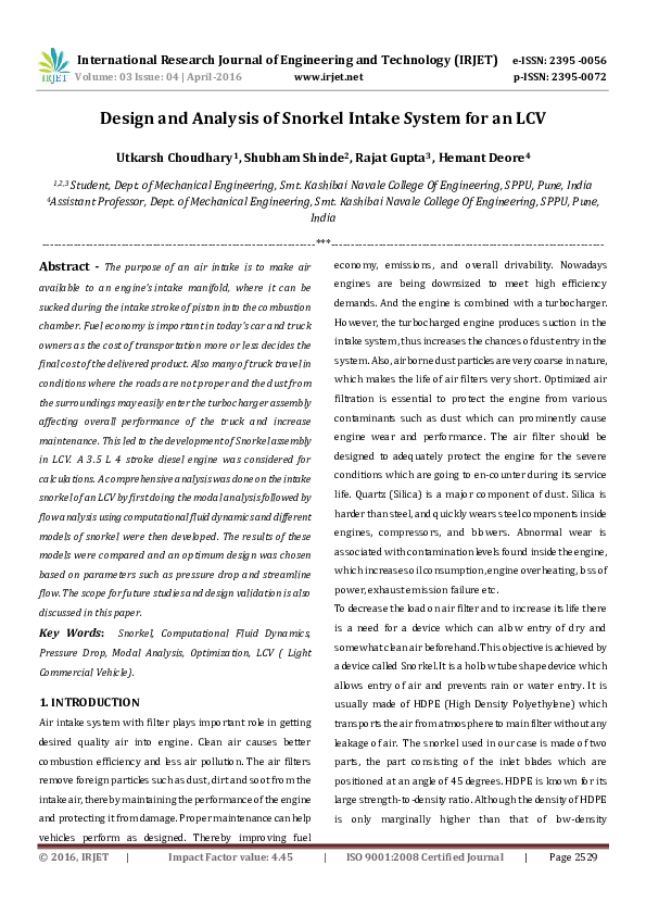 (PDF) Design and Analysis of Snorkel Intake System for an LCV IRJET