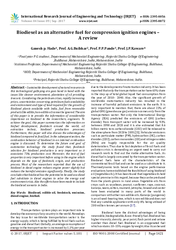 Pdf Biodiesel As An Alternative Fuel For Compression Ignition Engines