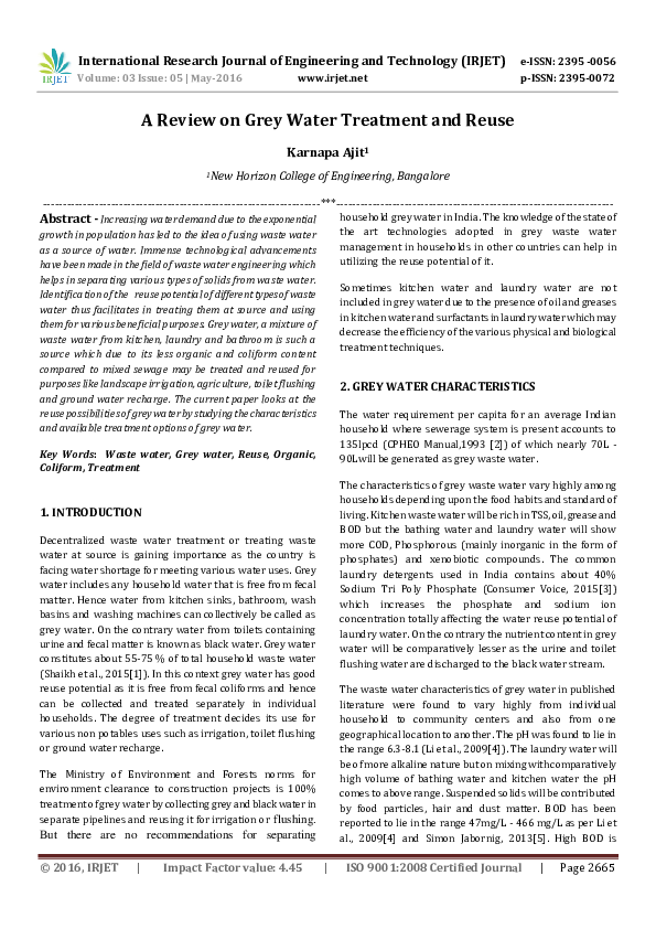 (PDF) A Review on Grey Water Treatment and Reuse IRJET Journal