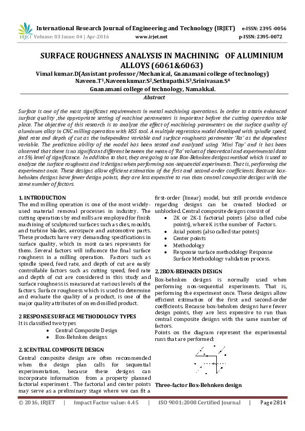 (PDF) SURFACE ROUGHNESS ANALYSIS IN MACHINING OF ALUMINIUM ALLOYS (6061 ...