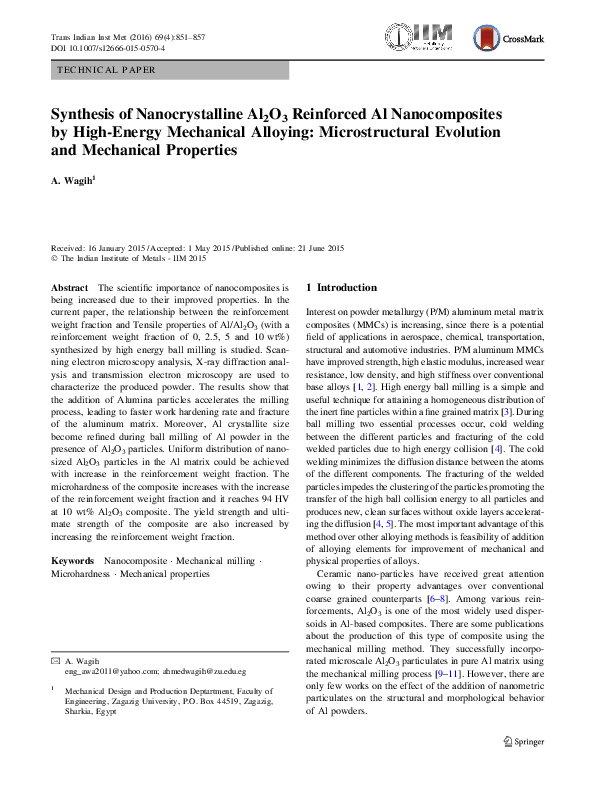 (PDF) Synthesis of Nanocrystalline Al 2 O 3 Reinforced Al ...