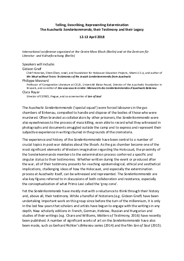 (PDF) Call for Papers The Auschwitz Sonderkommando, their Testimony