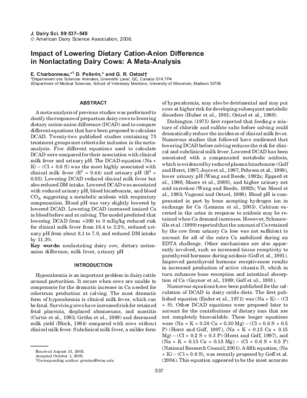 (PDF) Impact of lowering dietary cationanion difference in