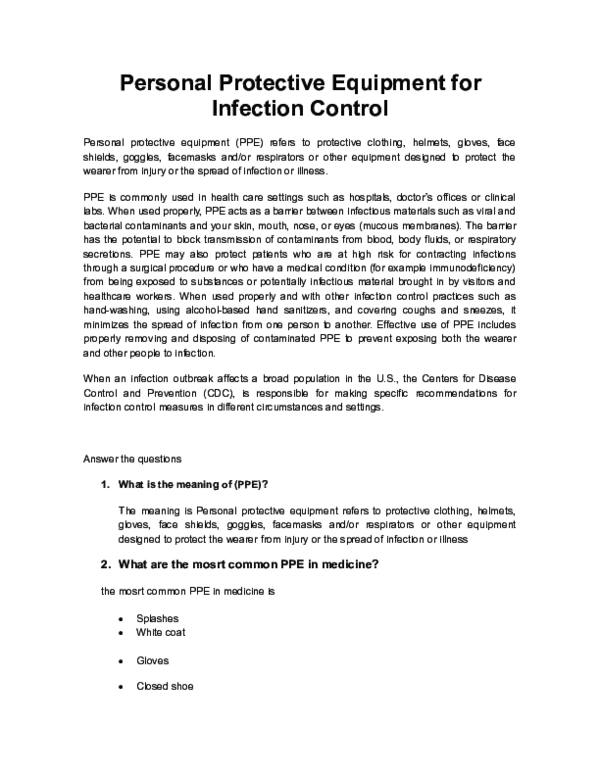 (DOC) Personal Protective Equipment for Infection Control