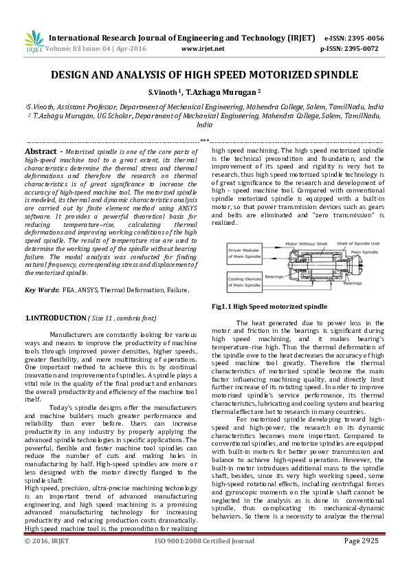 (PDF) DESIGN AND ANALYSIS OF HIGH SPEED MOTORIZED SPINDLE IRJET
