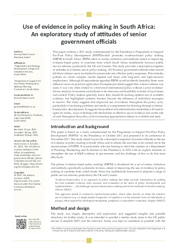 (PDF) Use of evidence in policy making in South Africa: An exploratory ...