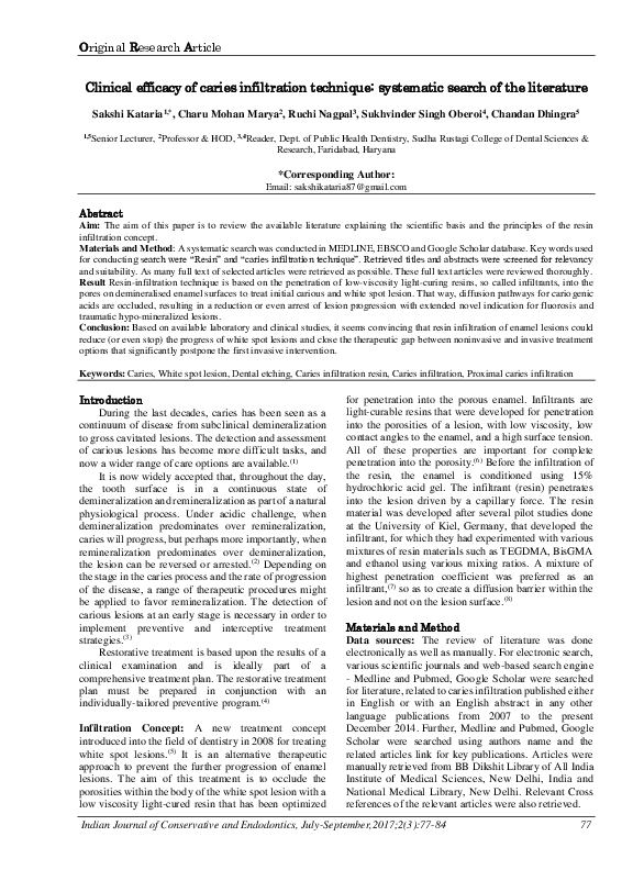 Pdf Clinical Efficacy Of Caries Infiltration Technique Systematic Search Of The Literature Ip Innovative Publication Pvt Ltd Academia Edu