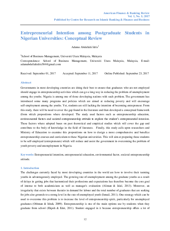 (PDF) Entrepreneurial Intention among Postgraduate Students in Nigerian ...