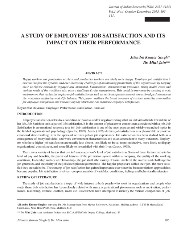 (PDF) A STUDY OF EMPLOYEES' JOB SATISFACTION AND ITS IMPACT ON THEIR ...