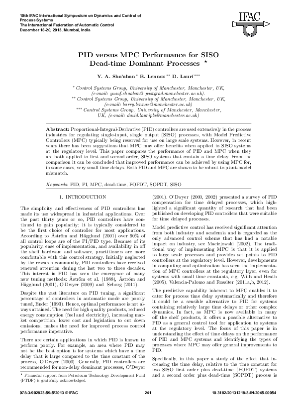 (PDF) PID versus MPC Performance for SISO Dead-time Dominant Processes