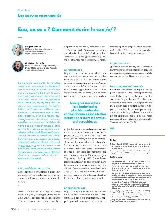 (PDF) Eau, au ou o? Comment écrire le son /O/? Christian Dumais and