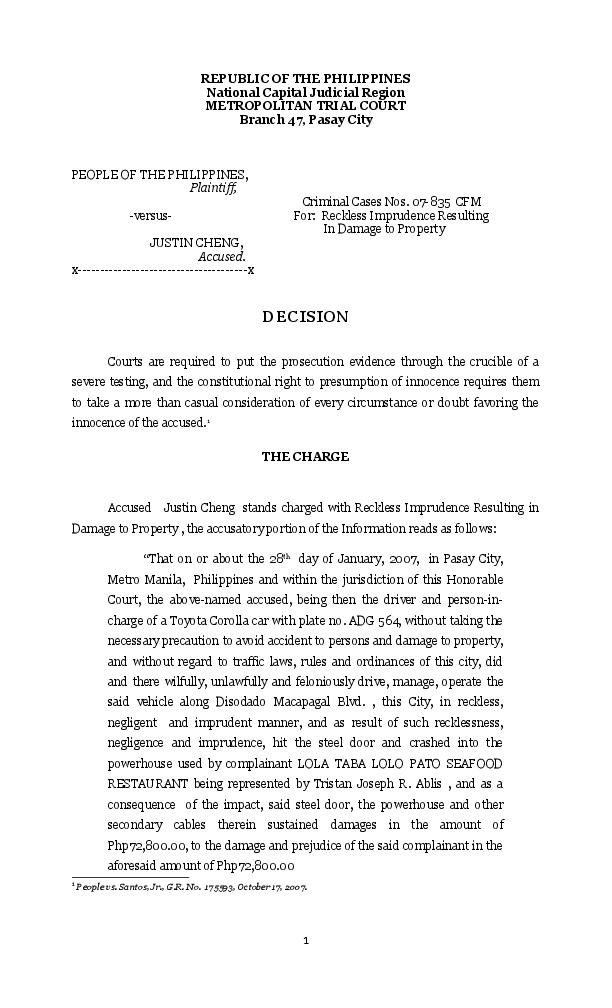 (DOC) Abandoning One’s Driving Lane People vs. Cheng for Reckless