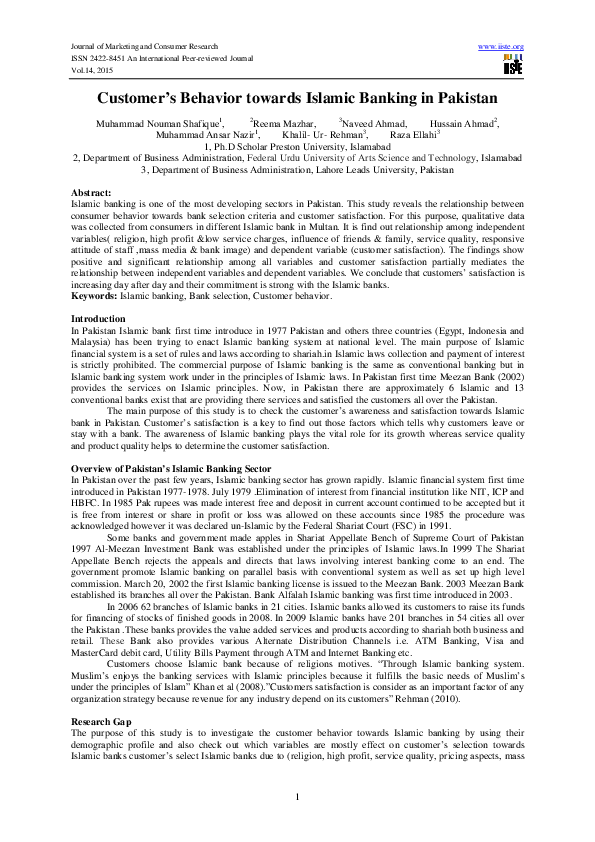 (PDF) Customer's Behavior towards Islamic Banking in Pakistan