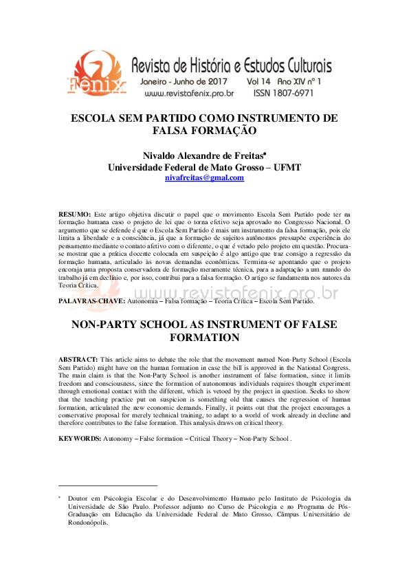 (PDF) ESCOLA SEM PARTIDO COMO INSTRUMENTO DE FALSA FORMAÇÃO