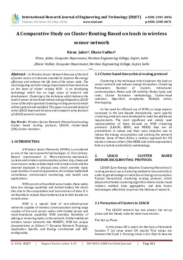 (PDF) A Comparative Study on Cluster Routing Based on leach in wireless ...