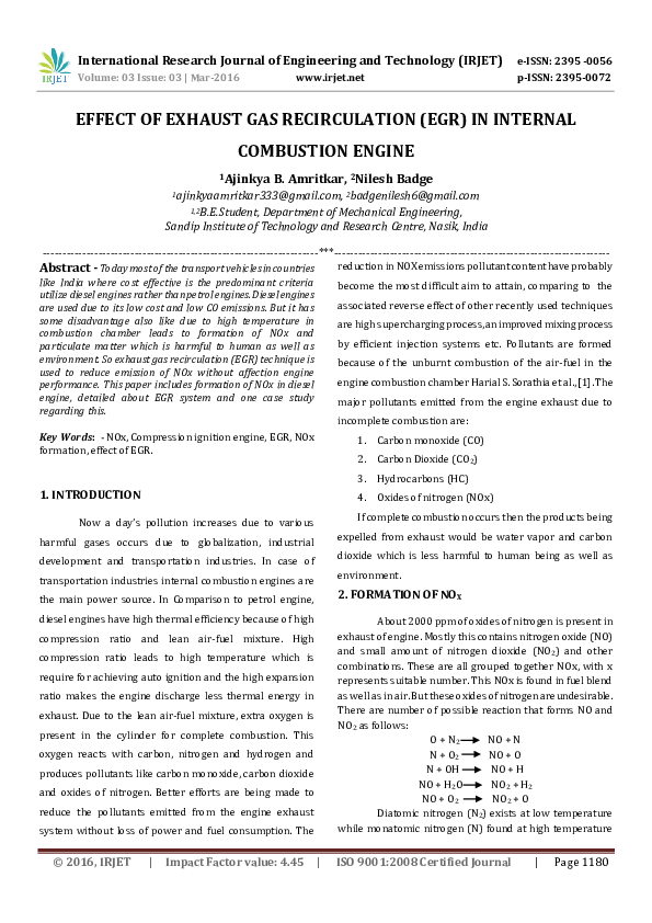 (PDF) EFFECT OF EXHAUST GAS RECIRCULATION (EGR) IN INTERNAL COMBUSTION ENGINE IRJET Journal
