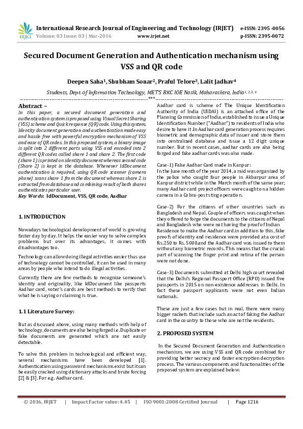 (PDF) Secured Document Generation and Authentication mechanism using ...