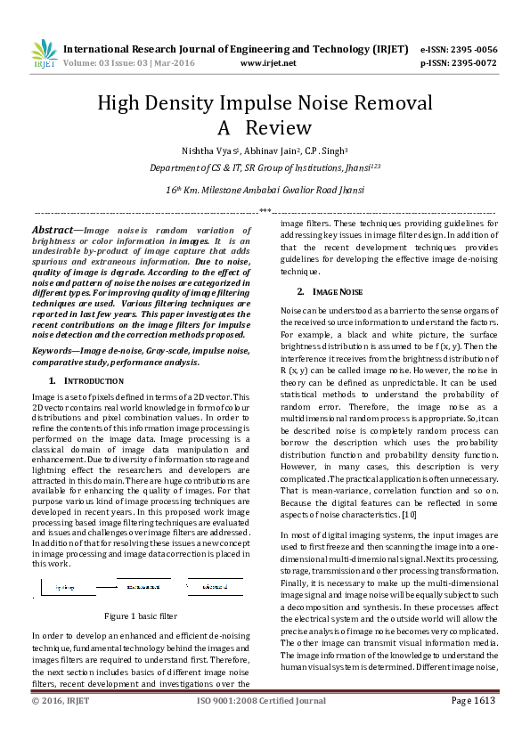 (PDF) High Density Impulse Noise Removal A Review