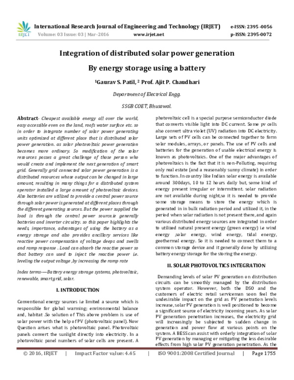 (PDF) Integration of distributed solar power generation By energy storage using a battery
