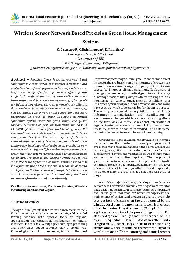 (PDF) Wireless Sensor Network Based Precision Green House Management