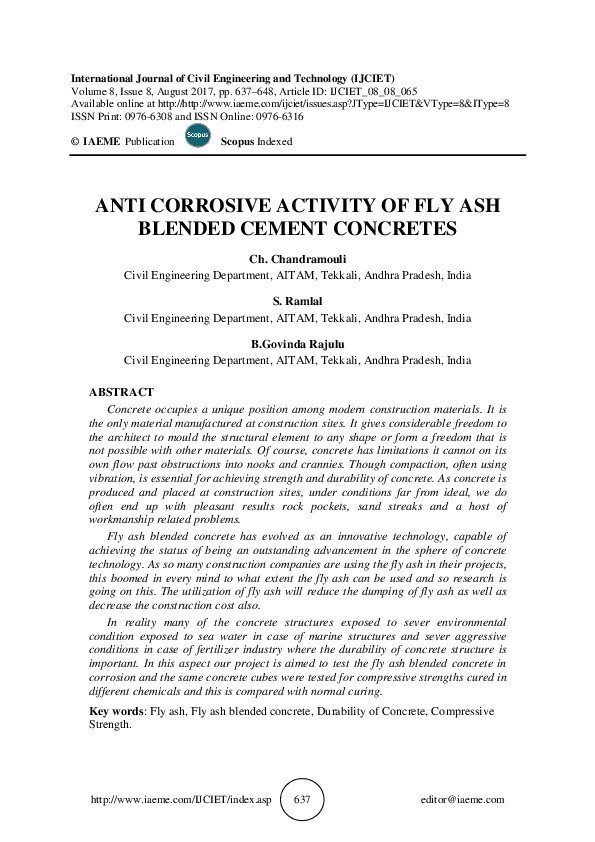 (PDF) ANTI CORROSIVE ACTIVITY OF FLY ASH BLENDED CEMENT CONCRETES