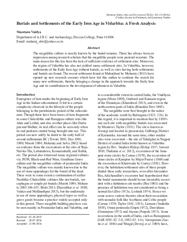 (PDF) Burials and Settlements of the Early Iron Age in Vidarbha: A ...
