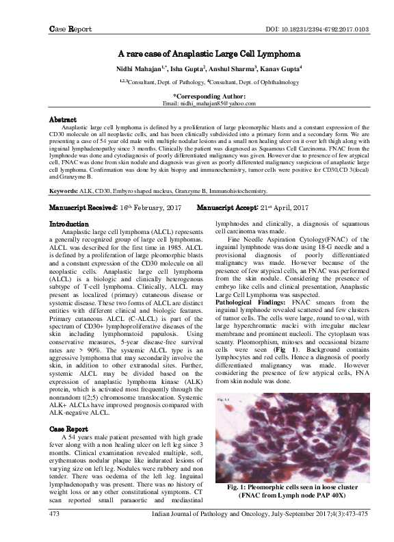 (PDF) A rare case of Anaplastic Large Cell Lymphoma