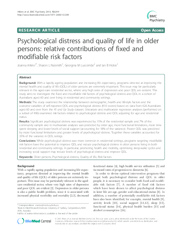 (PDF) Psychological distress and quality of life in older persons ...