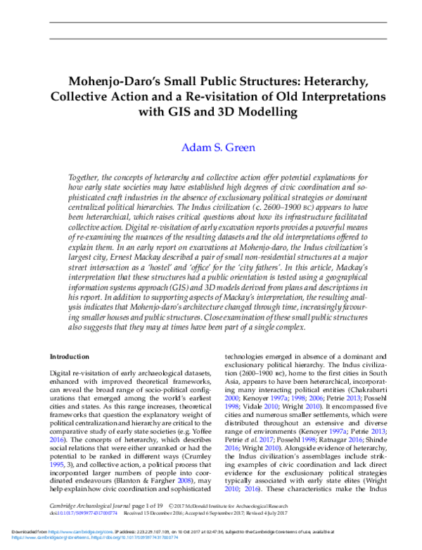 (PDF) Mohenjo-Daro's Small Public Structures: Heterarchy, Collective ...