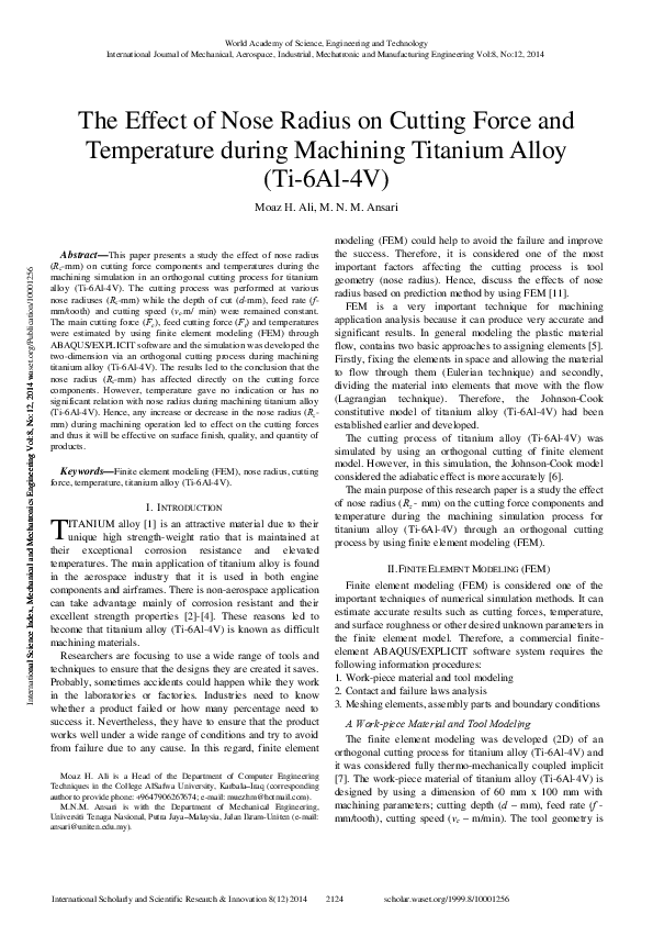 (PDF) The Effect of Nose Radius on Cutting Force and Temperature during