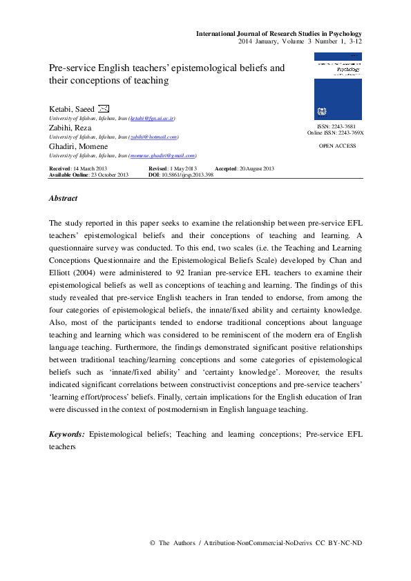 (PDF) Pre-service English teachers’ epistemological beliefs and their ...