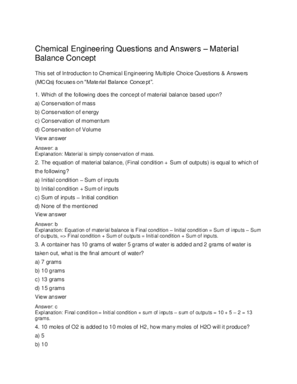(DOC) Chemical Engineering Questions and Answers Material Balance