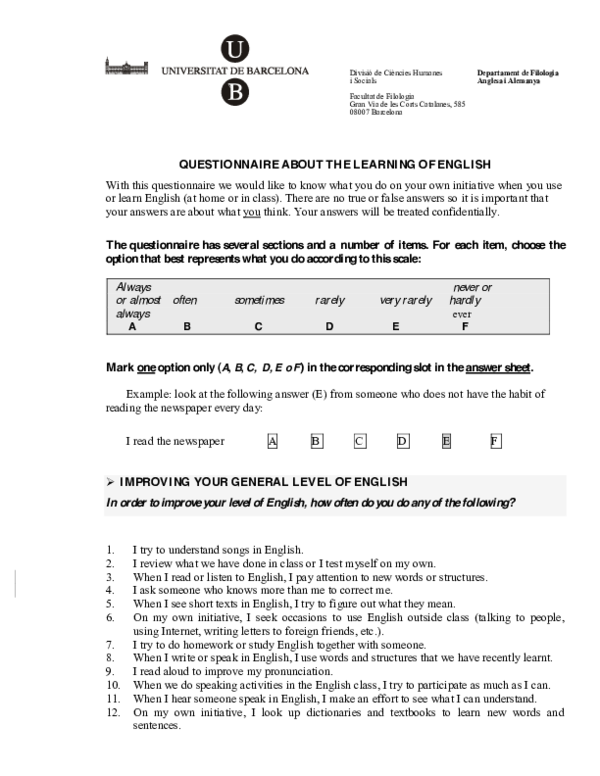 (PDF) Foreign language learning strategies questionnaire in english by