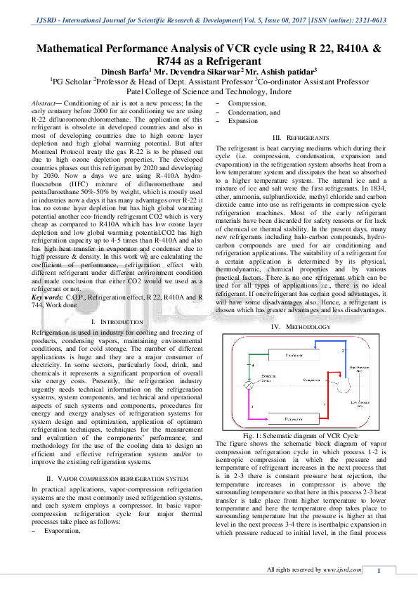(PDF) Mathematical Performance Analysis of VCR cycle using R 22, R410A