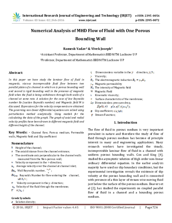 (PDF) Numerical Analysis of MHD Flow of Fluid with One Porous Bounding Wall