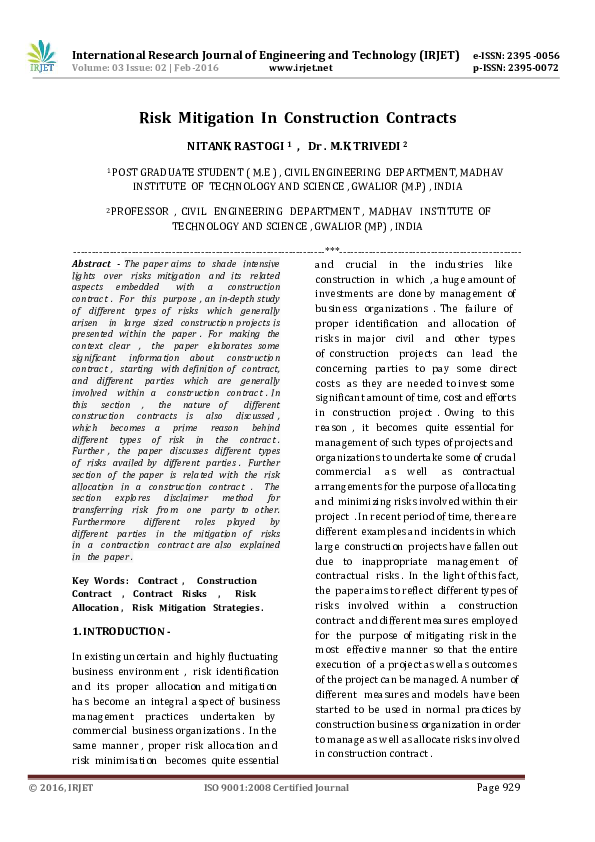 Pdf Risk Mitigation In Construction Contracts