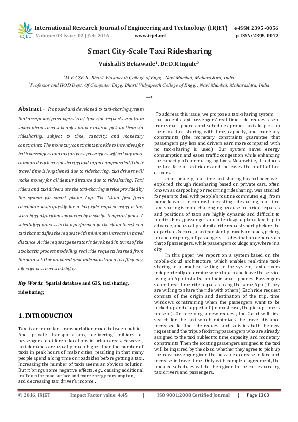 (PDF) Smart City-Scale Taxi Ridesharing
