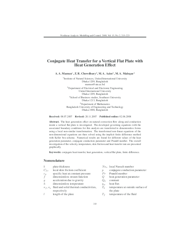(PDF) Conjugate Heat Transfer for a Vertical Flat Plate with Heat ...