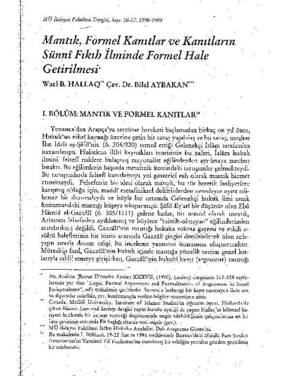 (PDF) Logic, formal arguments (Turkish Translation) Wael Hallaq