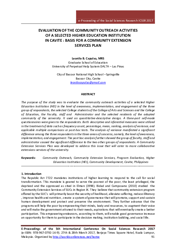 (PDF) EVALUATION OF THE COMMUNITY OUTREACH ACTIVITIES OF A SELECTED HIGHER EDUCATION INSTITUTION