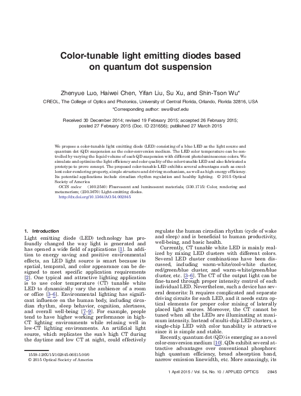 (PDF) Color-tunable light emitting diodes based on quantum dot suspension