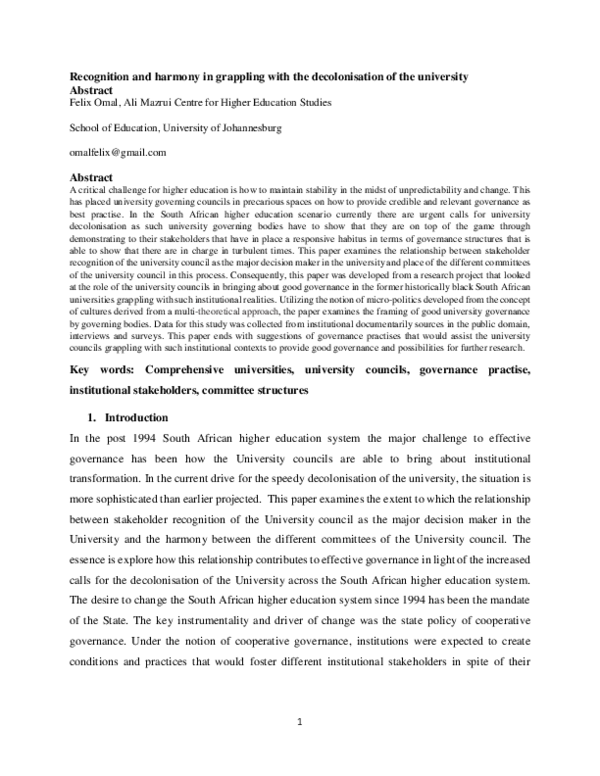 (DOC) Recognition and harmony in grappling with the decolonisation of ...