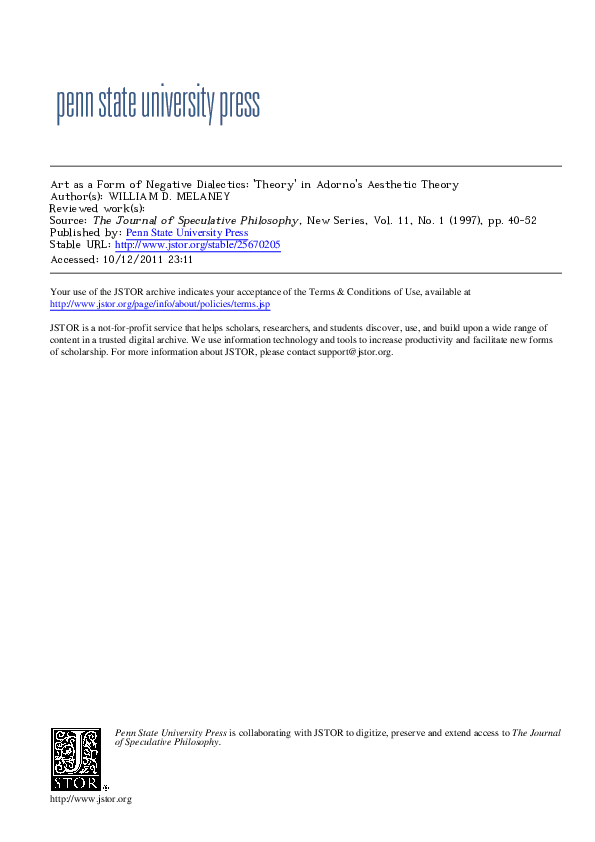 (PDF) Art as a Form of Negative Dialectics 'Theory' in Adorno's